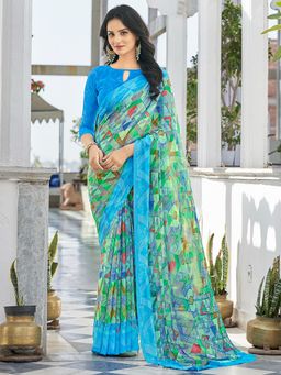 Akhilam - Womens Chiffon Green Printed Designer Saree with Unstitched Blouse