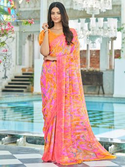 Akhilam - Womens Chiffon Pink Printed Designer Saree with Unstitched Blouse