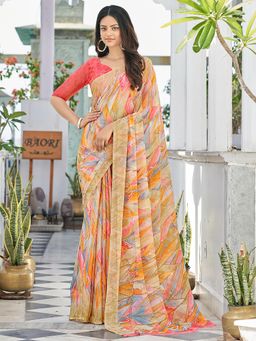 Akhilam - Womens Chiffon Beige Printed Designer Saree with Unstitched Blouse