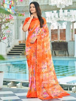 Akhilam - Womens Chiffon Orange Printed Designer Saree with Unstitched Blouse