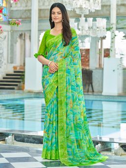 Akhilam - Womens Chiffon Green Printed Designer Saree with Unstitched Blouse