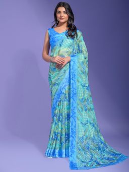 Akhilam - Womens Chiffon Blue Printed Designer Saree with Unstitched Blouse