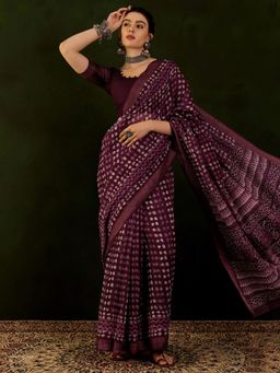 Akhilam - Womens Cotton Linen Magenta Printed Designer Saree with Unstitched Blouse