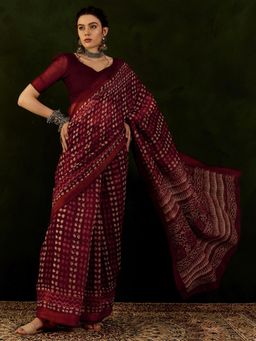 Akhilam - Womens Cotton Linen Maroon Printed Designer Saree with Unstitched Blouse