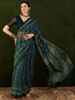 Akhilam - Womens Cotton Linen Teal Blue Printed Designer Saree with Unstitched Blouse