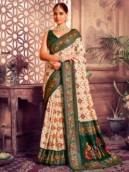Akhilam - Womens Tussar Silk Beige Printed Designer Saree with Unstitched Blouse