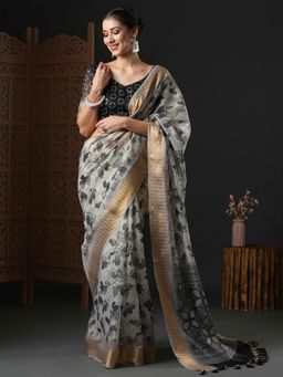 Akhilam - Womens Organza Grey Printed Designer Saree with Unstitched Blouse