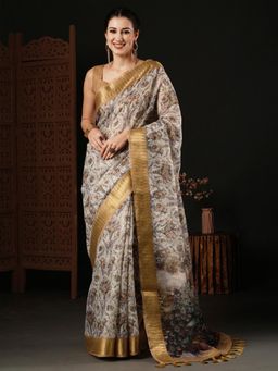 Akhilam - Womens Organza Cream Printed Designer Saree with Unstitched Blouse