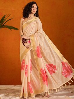 Sareemall - Womens Organza Beige Printed Designer Saree with Unstitched Blouse