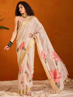 Sareemall - Womens Organza Cream Printed Designer Saree with Unstitched Blouse
