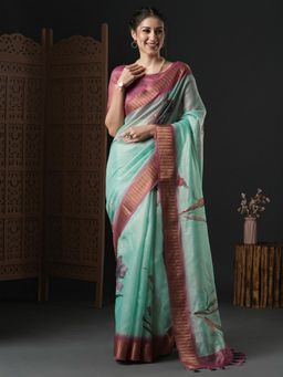 Akhilam - Womens Organza Turquoise Printed Designer Saree with Unstitched Blouse