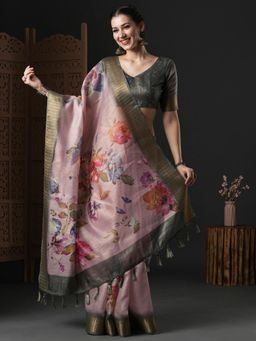Akhilam - Womens Organza Mauve Printed Designer Saree with Unstitched Blouse