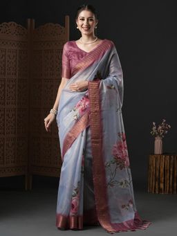 Akhilam - Womens Organza Grey Printed Designer Saree with Unstitched Blouse