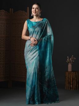 Akhilam - Womens Organza Teal Printed Designer Saree with Unstitched Blouse