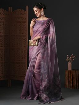 Akhilam - Womens Organza Mauve Printed Designer Saree with Unstitched Blouse