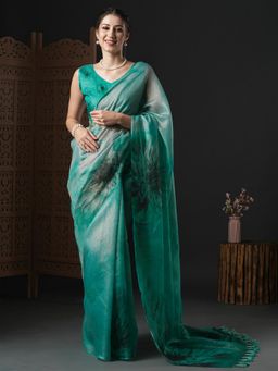Akhilam - Womens Organza Turquoise Printed Designer Saree with Unstitched Blouse
