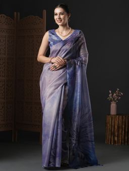 Akhilam - Womens Organza Purple Printed Designer Saree with Unstitched Blouse
