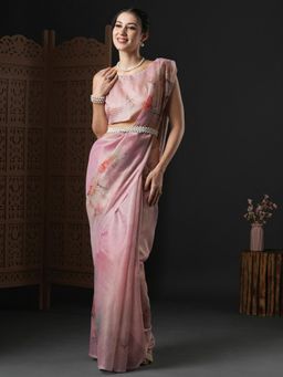 Akhilam - Womens Organza Pink Printed Designer Saree with Unstitched Blouse