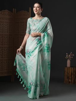 Akhilam - Womens Organza Turquoise Printed Designer Saree with Unstitched Blouse