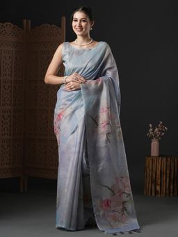 Akhilam - Womens Organza Grey Printed Designer Saree with Unstitched Blouse