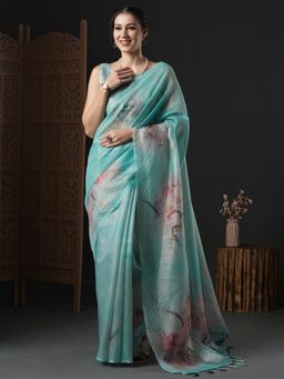 Akhilam - Womens Organza Light Blue Printed Designer Saree with Unstitched Blouse