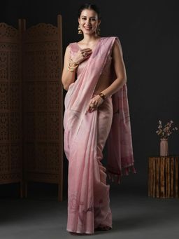 Akhilam - Womens Organza Pink Printed Designer Saree with Unstitched Blouse