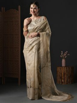 Akhilam - Womens Organza Beige Printed Designer Saree with Unstitched Blouse