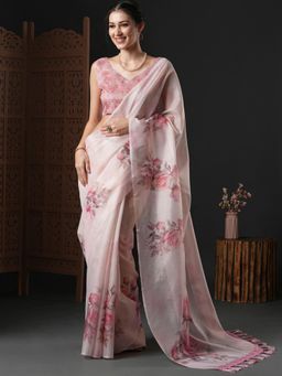 Akhilam - Womens Organza Pink Printed Designer Saree with Unstitched Blouse