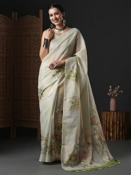 Akhilam - Womens Organza Light Green Printed Designer Saree with Unstitched Blouse