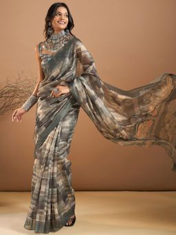 Sareemall - Womens Organza Sea Grey Printed Designer Saree with Unstitched Blouse