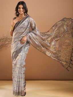 Sareemall - Womens Organza Grey Printed Designer Saree with Unstitched Blouse