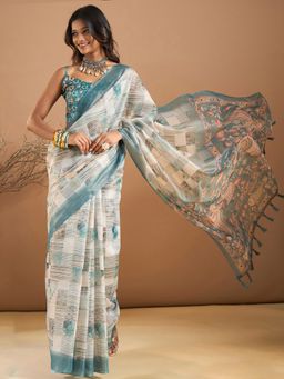 Sareemall - Womens Organza Light Blue Printed Designer Saree with Unstitched Blouse