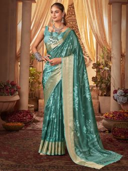 Akhilam - Womens Tussar Silk Turquoise Printed Designer Saree with Unstitched Blouse