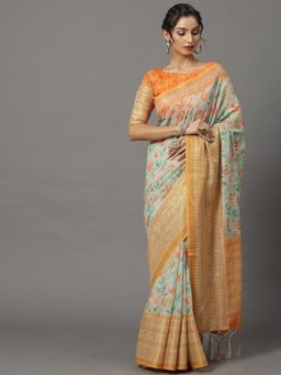 Akhilam - Womens Soft Silk Off White Printed Designer Saree with Unstitched Blouse