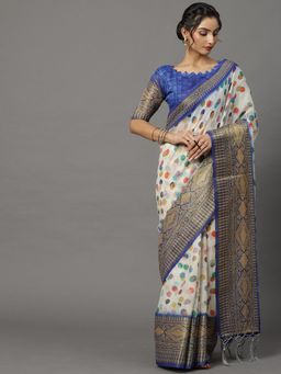 Akhilam - Womens Soft Silk Off White Printed Designer Saree with Unstitched Blouse
