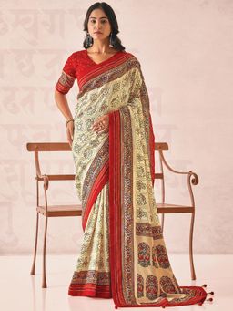 Akhilam - Womens Tussar Silk Off White Printed Designer Saree with Unstitched Blouse