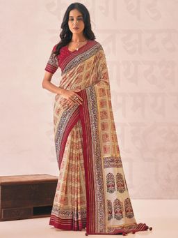 Sareemall - Womens Tussar Silk Cream Printed Designer Saree with Unstitched Blouse