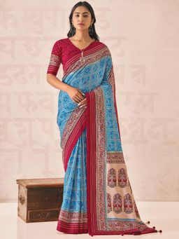 Sareemall - Womens Tussar Silk Blue Printed Designer Saree with Unstitched Blouse