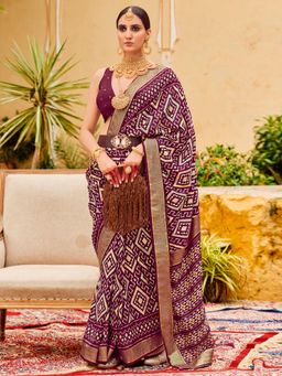 Sareemall - Womens Tussar Silk Purple Printed Designer Saree with Unstitched Blouse