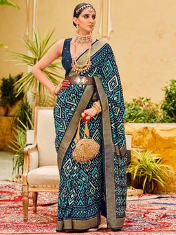 Sareemall - Womens Tussar Silk Navy Blue Printed Designer Saree with Unstitched Blouse