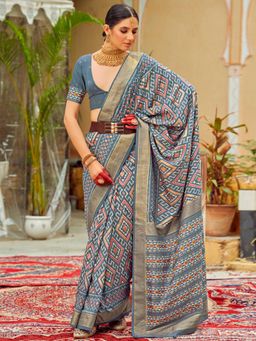 Sareemall - Womens Tussar Silk Grey Printed Designer Saree with Unstitched Blouse
