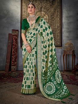 Akhilam - Womens Tussar Silk Green Printed Designer Saree with Unstitched Blouse