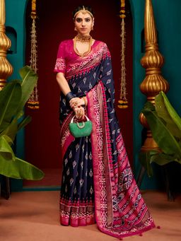 Sareemall - Womens Tussar Silk Navy Blue Printed Designer Saree with Unstitched Blouse