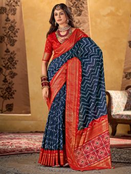 Akhilam - Womens Tussar Silk Navy Blue Printed Designer Saree with Unstitched Blouse