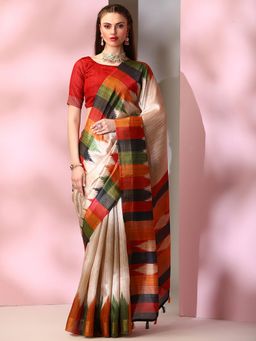 Akhilam - Womens Silk Blend Beige Printed Designer Saree with Unstitched Blouse