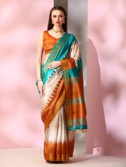 Akhilam - Womens Silk Blend Beige Printed Designer Saree with Unstitched Blouse