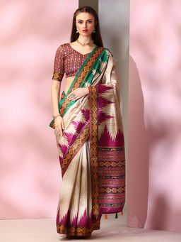 Akhilam - Womens Silk Blend Beige Printed Designer Saree with Unstitched Blouse