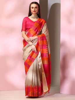 Akhilam - Womens Silk Blend Beige Printed Designer Saree with Unstitched Blouse