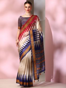 Akhilam - Womens Silk Blend Beige Printed Designer Saree with Unstitched Blouse