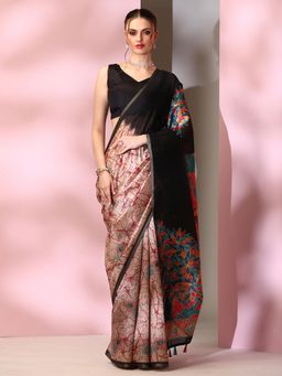 Akhilam - Womens Silk Blend Beige Printed Designer Saree with Unstitched Blouse